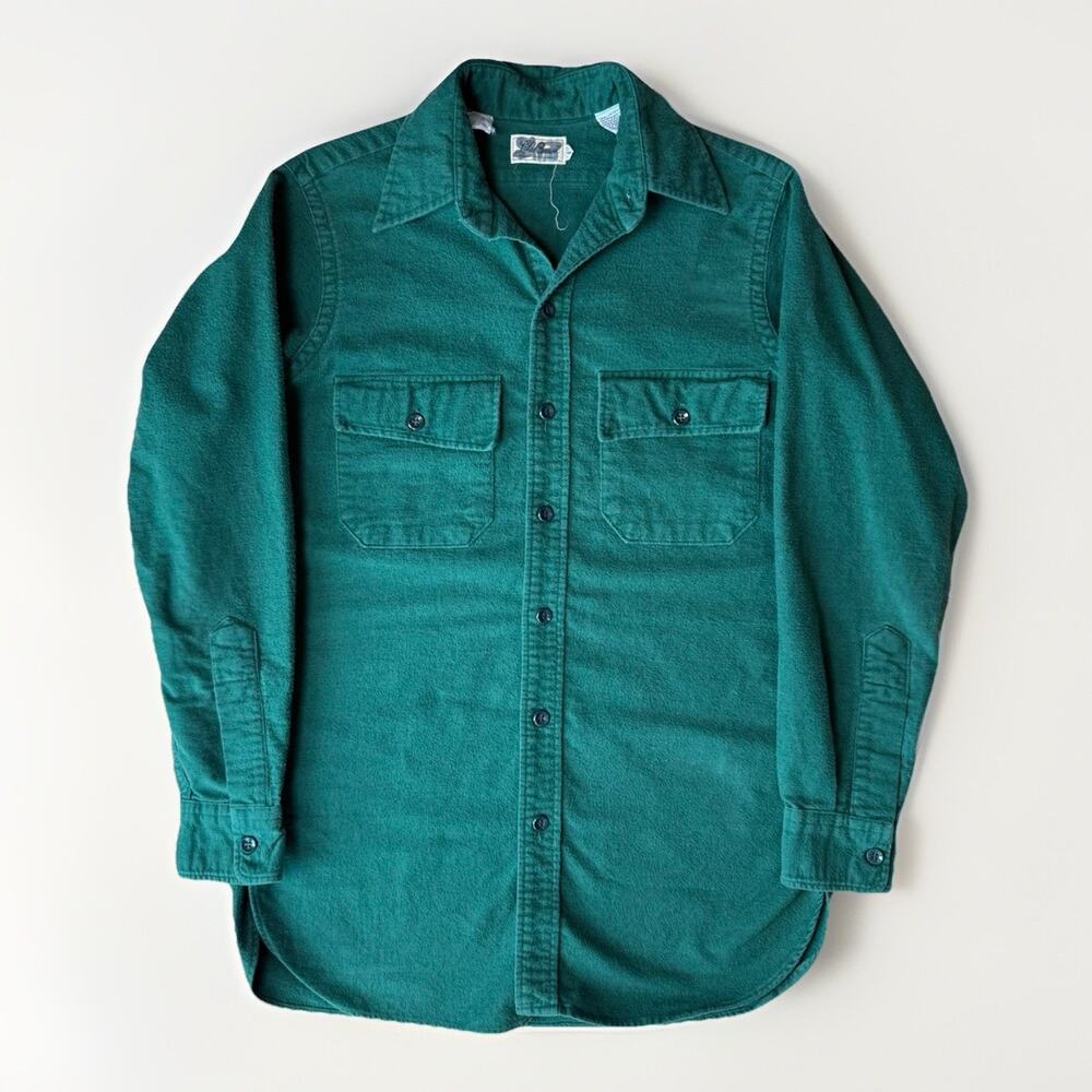 Vintage LL Bean Chamois Shirt 14.5 Green 70s Made in USA Long Sleeve Button Up